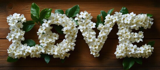 Aufkleber - White flowers arranged to spell the word LOVE with green leaves on a wooden background and Copy Space for text.