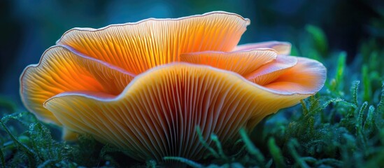 Aufkleber - Vibrant Orange Mushroom with Detailed Gills Set Against Green Moss Background Copy Space