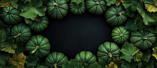 Aufkleber - Green pumpkins surrounded by leaves on a dark background with Copy Space for text placement