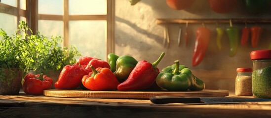 Aufkleber - Freshly harvested colorful peppers and herbs on wooden kitchen table with jars and knife in a sunlit rustic setting Copy Space