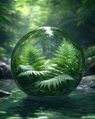 Poster - Ferns encased in a glass orb floating on water in a lush green forest with soft light