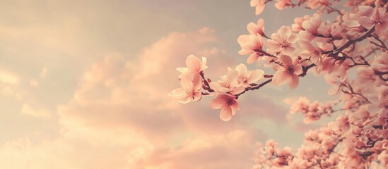 Poster - Soft pink cherry blossom flowers against a pastel sky with clouds showing Copy Space for text placement