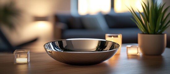 Poster - Modern interior setting featuring a reflective metallic bowl on a wooden table with candles and potted plant in softly lit environment Copy Space
