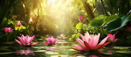 Poster - Lush green tropical pond with blooming pink water lilies illuminated by soft sunlight Copy Space