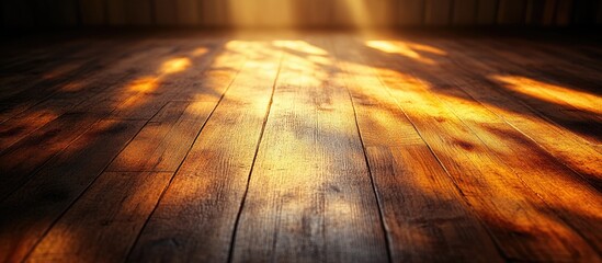 Poster - Wooden floor with sunlight rays creating warm reflections and shadows Copy Space