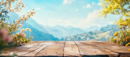 Aufkleber - Wooden table surface with blurred mountainous landscape and blue sky in background featuring flowers and greenery Copy Space