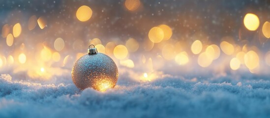 Aufkleber - Decorative Christmas ornament on snow with blurred warm glowing lights in the background and soft bokeh effects Copy Space