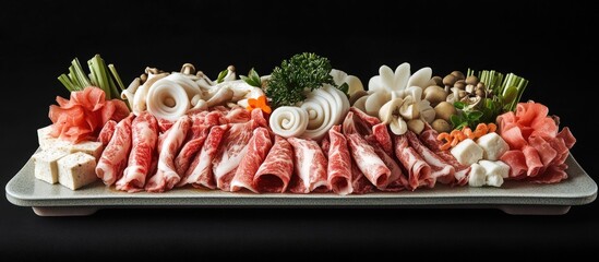 Aufkleber - Gourmet platter of assorted meats and vegetables arranged on a rectangular white plate with black background and Copy Space for text.
