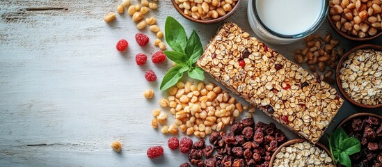 Poster - Healthy snacks and ingredients on wood background with copy space including granola bars nuts seeds and milk