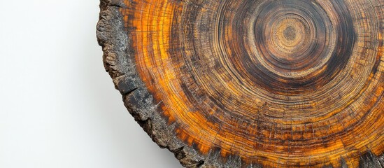 Poster - Wooden Tree Ring Cross-Section with Detailed Texture and Natural Patterns on White Background Copy Space