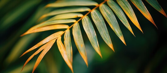 Poster - Green palm leaf with orange tips showing details and textures against a blurred green background Copy Space