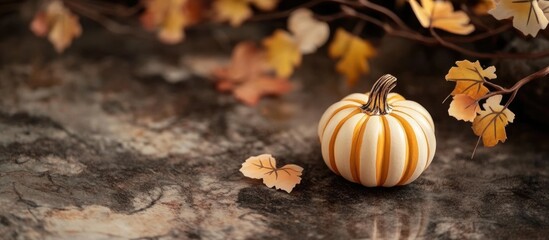 Poster - Autumn themed still life with striped pumpkin and decorative leaves on textured surface Copy Space