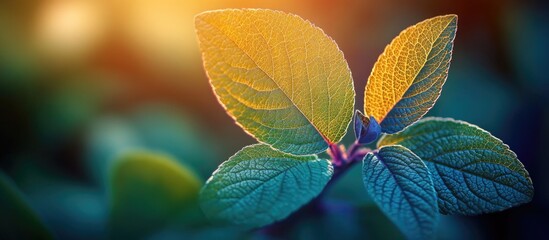 Poster - Fresh green leaves with sunlight illuminating their edges and soft focus background, ideal for nature and botanical themes, Copy Space