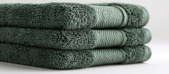 Poster - Three neatly stacked green towels with soft texture on a light background, ideal for bathroom or spa settings, Copy Space.