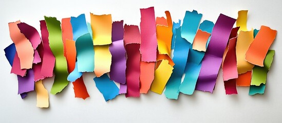Fototapete - Colorful strips of textured paper arranged in an abstract pattern on a white background with ample copy space.