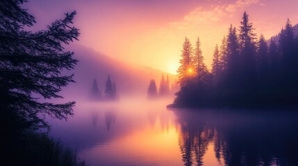 Aufkleber - Mist over a tranquil lake at dawn with silhouetted trees and colorful reflections in the water Copy Space