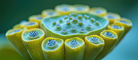 Poster - Close-up of a lotus seed pod showcasing intricate details and vibrant colors on a blurred green background with Copy Space.