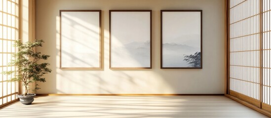 Poster - Modern interior with three empty art frames on a Japanese style wall, natural light casting shadows, minimalistic design, Copy Space