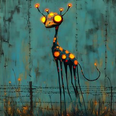 Poster - Surreal creature with elongated limbs bold spots on its head vibrant colors illuminating its form Dramatic neon highlights in yellow and orange contrast with a grungy teal background and barbed wire