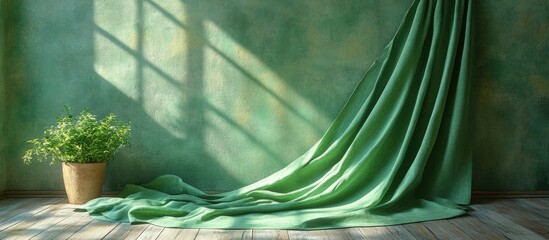 Aufkleber - Green draped fabric on wooden floor beside potted plant with textured green wall and natural light creating shadow patterns Copy Space