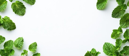 Aufkleber - Fresh green mint leaves arranged on a white background with Copy Space for text or design elements.
