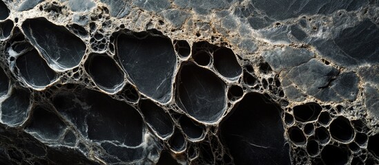 Leinwandbilder - Abstract close-up of textured black marble with circular patterns and smooth lines showcasing natural rock formations and Copy Space.
