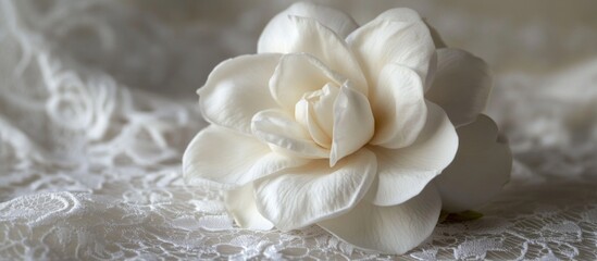 Poster - White camellia flower on lace background with soft focus and shallow depth of field featuring Copy Space for text placement