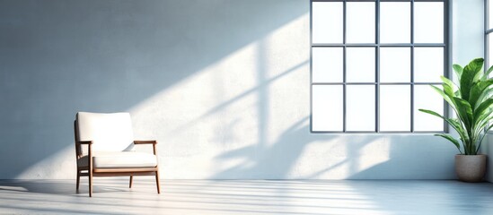Aufkleber - Minimalist interior with armchair, large window casting shadows, and potted plant, natural light, Copy Space for text.