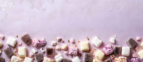 Poster - Colorful assorted candies and marshmallows on a pastel purple background with Copy Space for text placement.