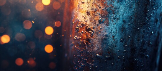 Aufkleber - Abstract close-up of textured metal surface with rust and patina effects, shimmering bokeh lights in background, Copy Space available