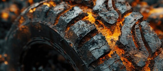 Fototapete - Close-up of burned tire showing intricate tread patterns and glowing embers with dark background Copy Space
