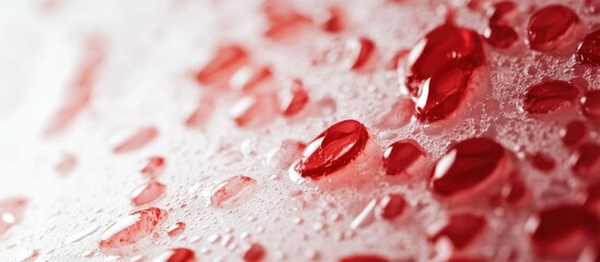 Poster - Close-up of water droplets on a surface with red and white foam texture Ideal for product background Copy Space