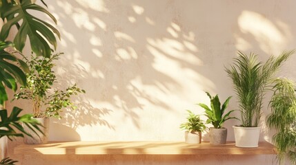 Aufkleber - Indoor plant arrangement on a wooden shelf with soft light and shadow patterns on a textured wall Copy Space