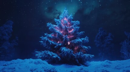 Aufkleber - Snow-covered Christmas tree with colorful lights in a winter landscape under a starry night sky Copy Space