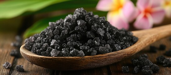 Poster - Black salt crystals in wooden spoon with tropical flowers and green leaves on wooden background. Copy Space.