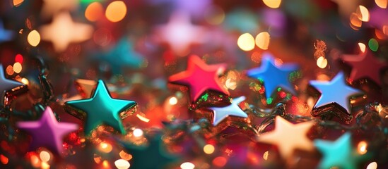 Aufkleber - Colorful decorative stars with blurred lights in background suitable for festive or holiday themes with Copy Space.