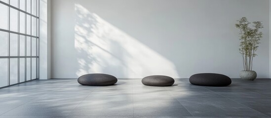 Aufkleber - Minimalist interior design with three black stones on a floor, large windows casting shadows, and a potted plant in a modern space with Copy Space.
