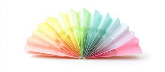 Poster - Colorful folded paper fan with gradient hues from yellow to pink isolated on a white background with Copy Space
