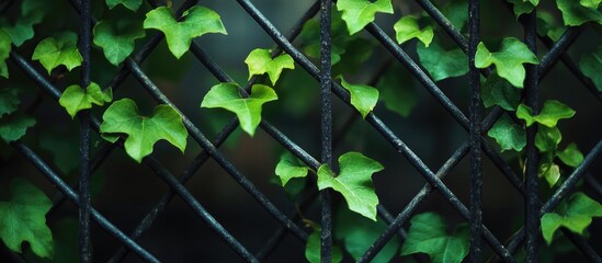 Poster - Green Ivy Leaves Climbing on Black Metal Grid with Copy Space for Text