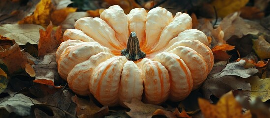 Poster - Decorative pumpkin on autumn leaves with Copys Space for text placement in a fall-themed design composition.