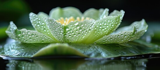 Aufkleber - Close-up of a water lily with dew drops on petals surrounded by green leaves on a tranquil pond with Copy Space.