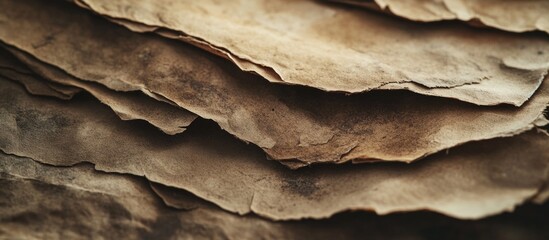 Leinwandbilder - Close-up of textured layered paper in muted tones featuring intricate details and natural wear Copy Space
