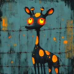 Poster - Surreal creature with elongated limbs bold spots on its head vibrant colors illuminating its form Dramatic neon highlights in yellow and orange contrast with a grungy teal background and barbed wire