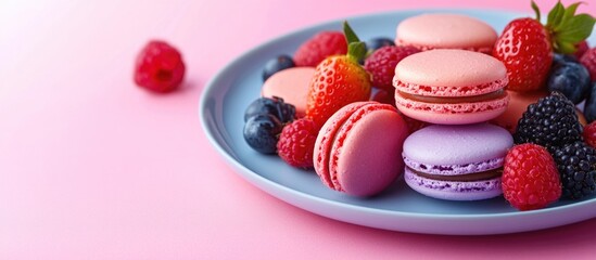 Poster - Colorful macarons and fresh berries on a pastel plate with pink background Copy Space