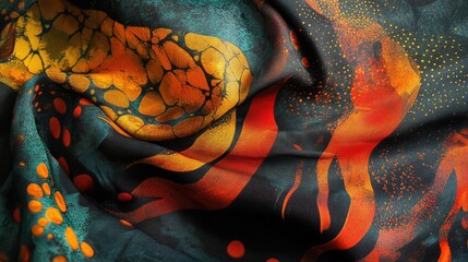 Poster - Colorful abstract fabric texture with intricate patterns in vibrant hues of orange, yellow, and teal showcasing folded layers Copy Space