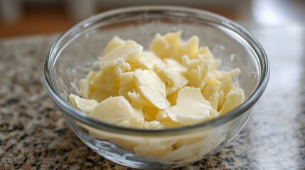 Poster - Bowl of sliced butter on a granite countertop with copy space for culinary themes