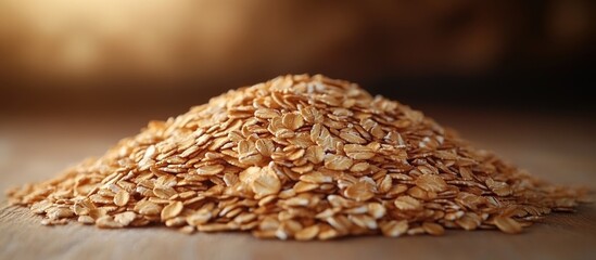 Aufkleber - Close-up of rolled oats pile on wooden surface with soft natural lighting and Copy Space for text or design elements