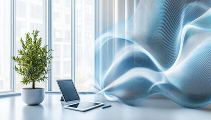 Poster - Modern Workspace with Tablets and Abstract Digital Flow