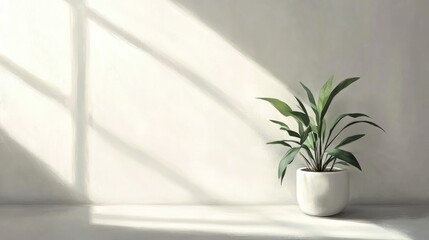 Poster - Indoor plant in minimalist white pot with soft shadows from window on light wall background Copy Space