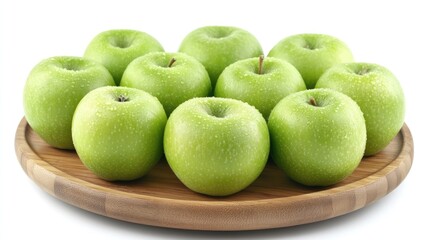 Aufkleber - Fresh green apples arranged in a circular wooden plate with copy space for text.